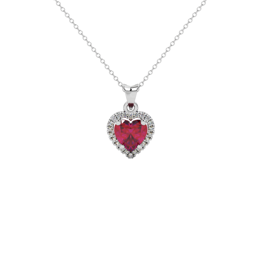 Raspberry Red heart cut gemstone halo pendant in white gold