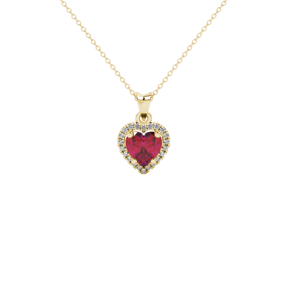 Raspberry Red heart cut gemstone halo pendant in yellow gold