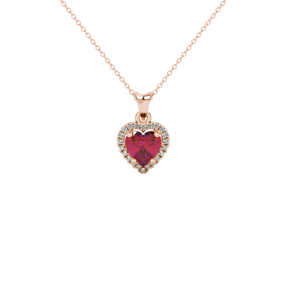 Raspberry Red heart cut gemstone halo pendant in rose gold
