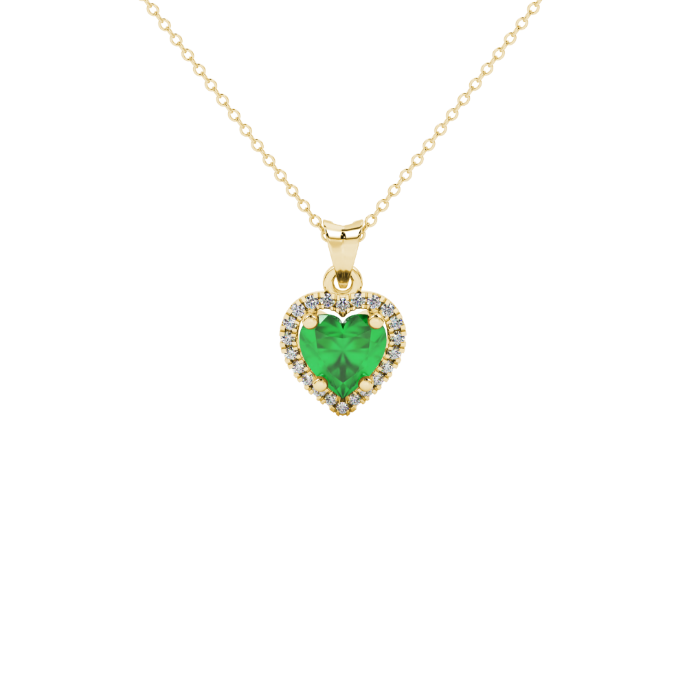 Emerald Green heart cut gemstone halo pendant in yellow gold