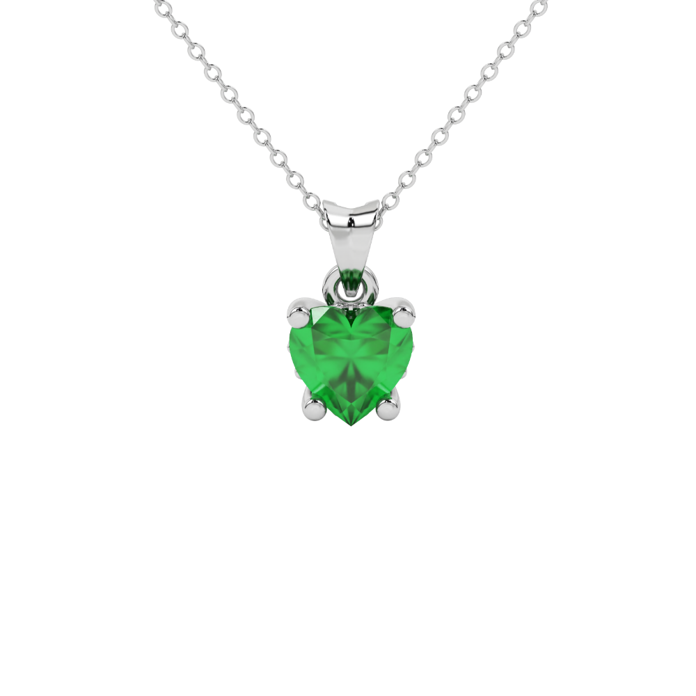 Close-up angled shot of Emerald Green heart cut lotus basket halo pendant in white gold