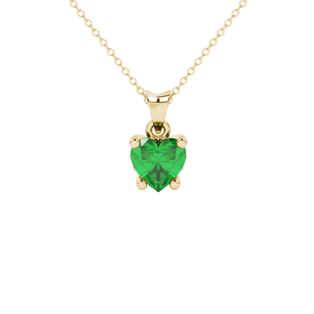 Close-up angled shot of Emerald Green heart cut lotus basket halo pendant in yellow gold