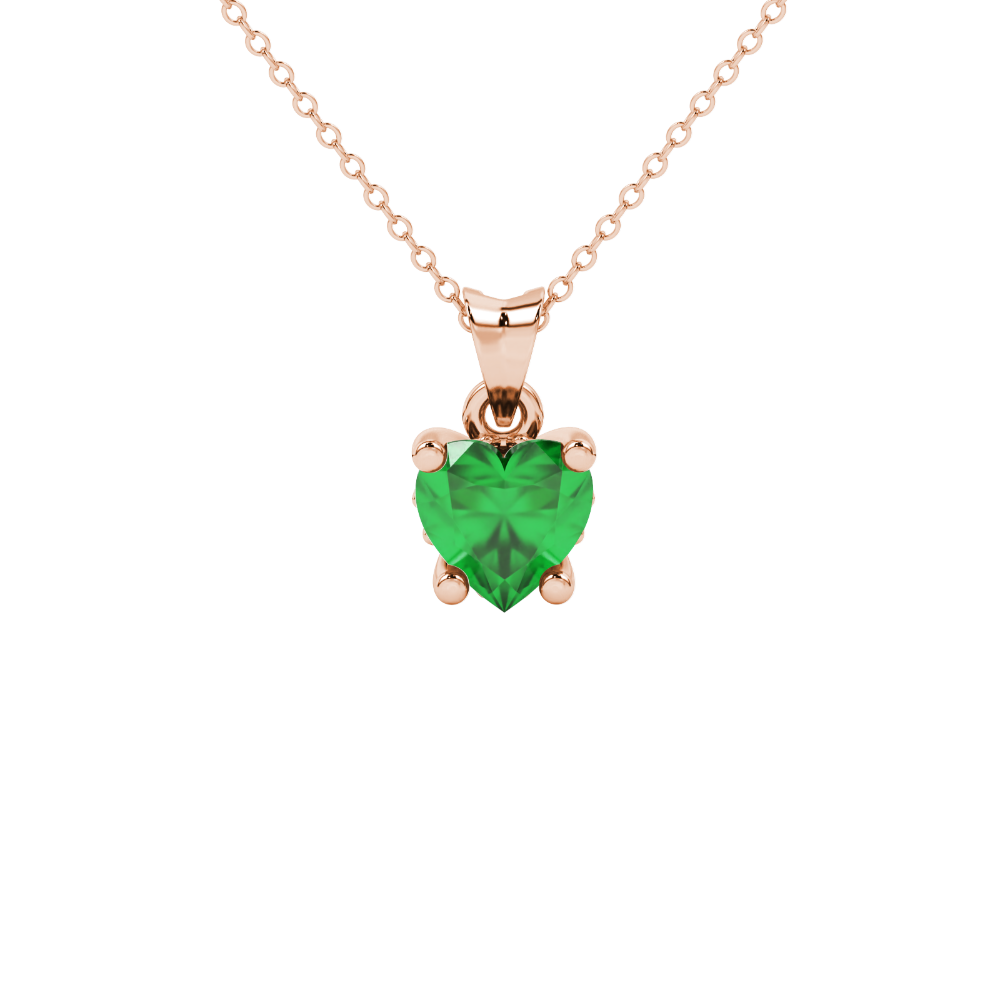 Close-up angled shot of Emerald Green heart cut lotus basket halo pendant in rose gold