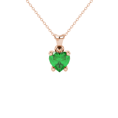 Close-up angled shot of Emerald Green heart cut lotus basket halo pendant in rose gold