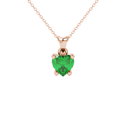 Close-up angled shot of Emerald Green heart cut lotus basket halo pendant in rose gold