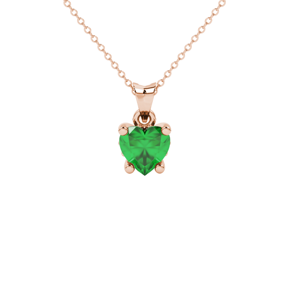Close-up angled shot of Emerald Green heart cut lotus basket halo pendant in rose gold
