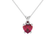 Close-up angled shot of Raspberry Red heart cut lotus basket halo pendant in white gold