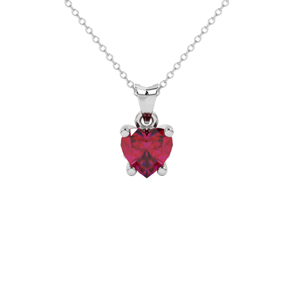 Close-up angled shot of Raspberry Red heart cut lotus basket halo pendant in white gold