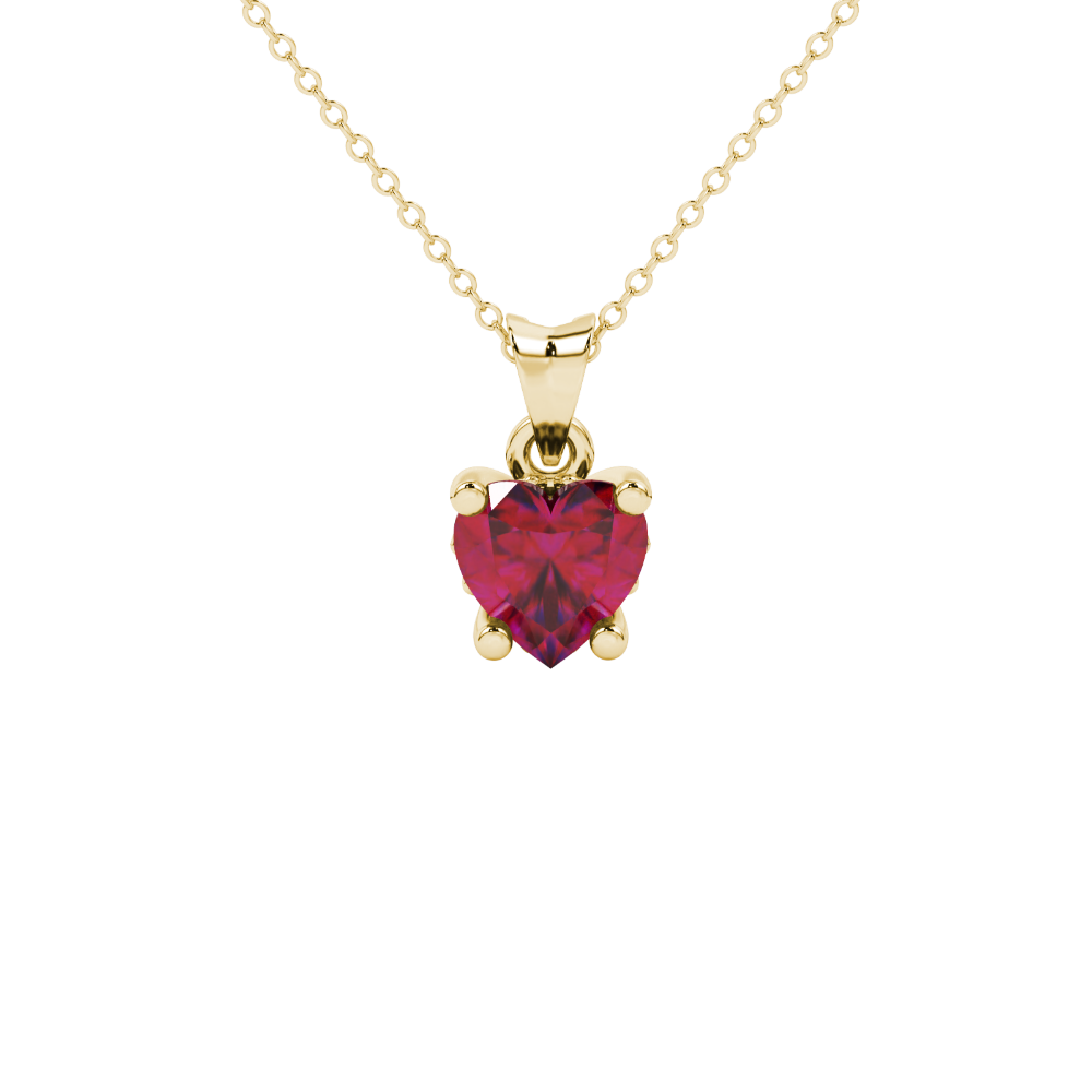 Close-up angled shot of Raspberry Red heart cut lotus basket halo pendant in yellow gold