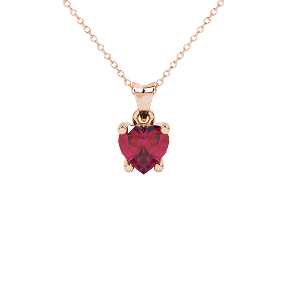 Close-up angled shot of Raspberry Red heart cut lotus basket halo pendant in rose gold