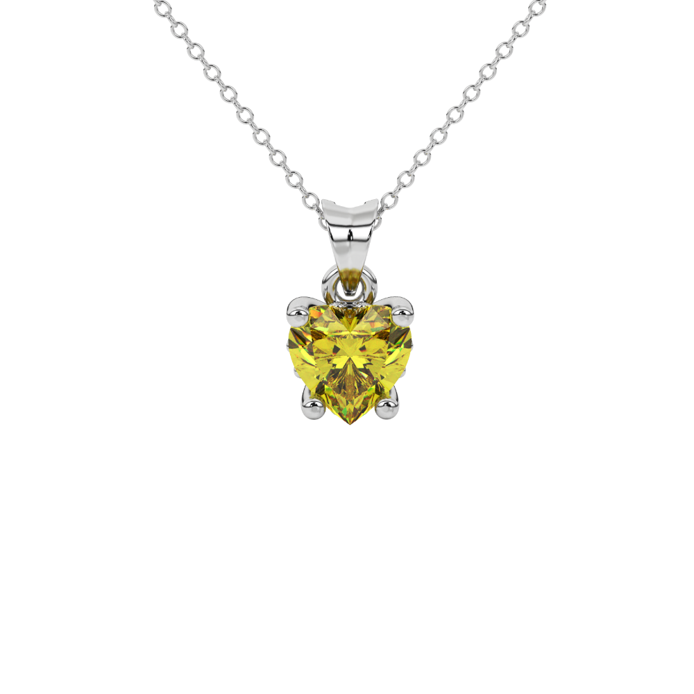 Close-up angled shot of Canary Yellow heart cut lotus basket halo pendant in white gold