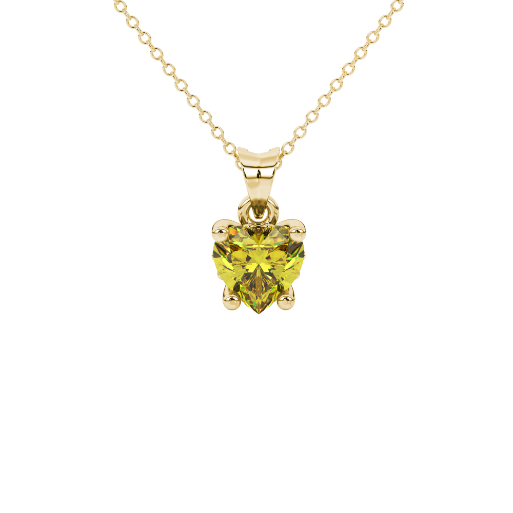 Close-up angled shot of Canary Yellow heart cut lotus basket halo pendant in yellow gold