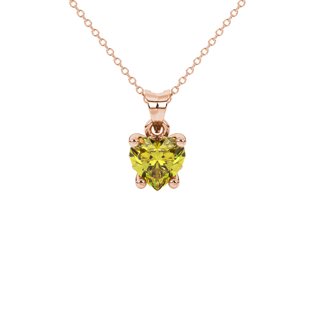 Close-up angled shot of Canary Yellow heart cut lotus basket halo pendant in rose gold