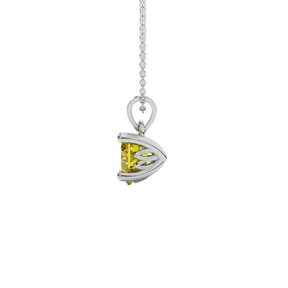 Side view of Canary Yellow heart cut gemstone pendant showcasing the white gold