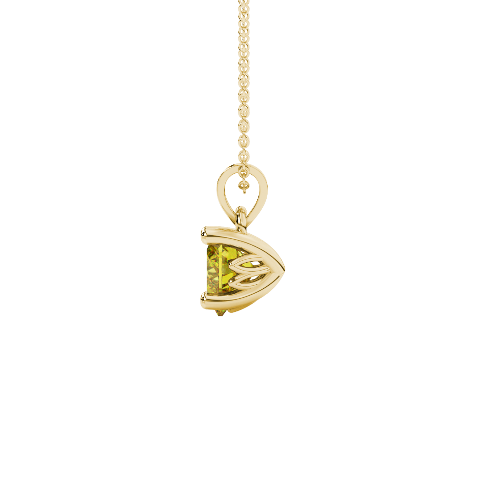 Side view of Canary Yellow heart cut gemstone pendant showcasing the yellow gold