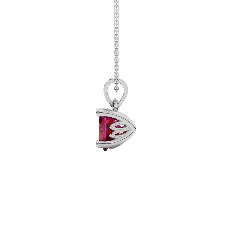 Side view of Raspberry Red heart cut gemstone pendant showcasing the white gold