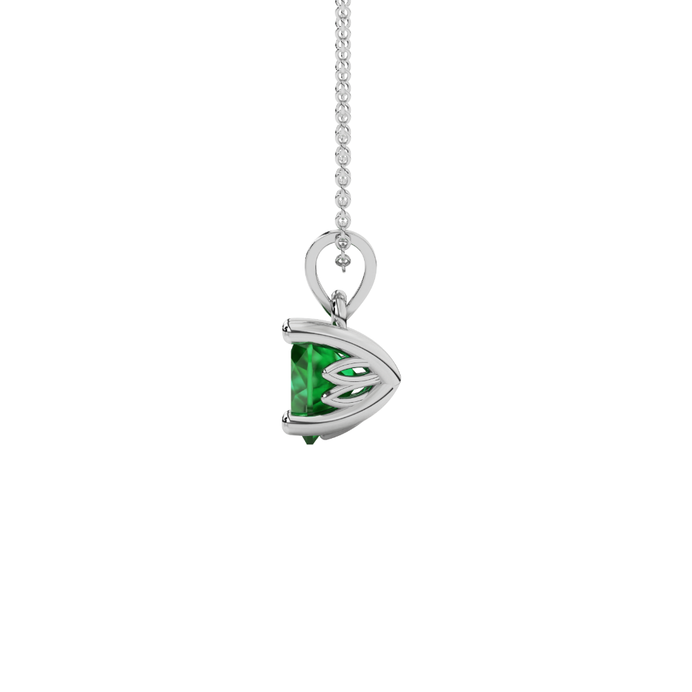 Side view of Emerald Green heart cut gemstone pendant showcasing the white gold