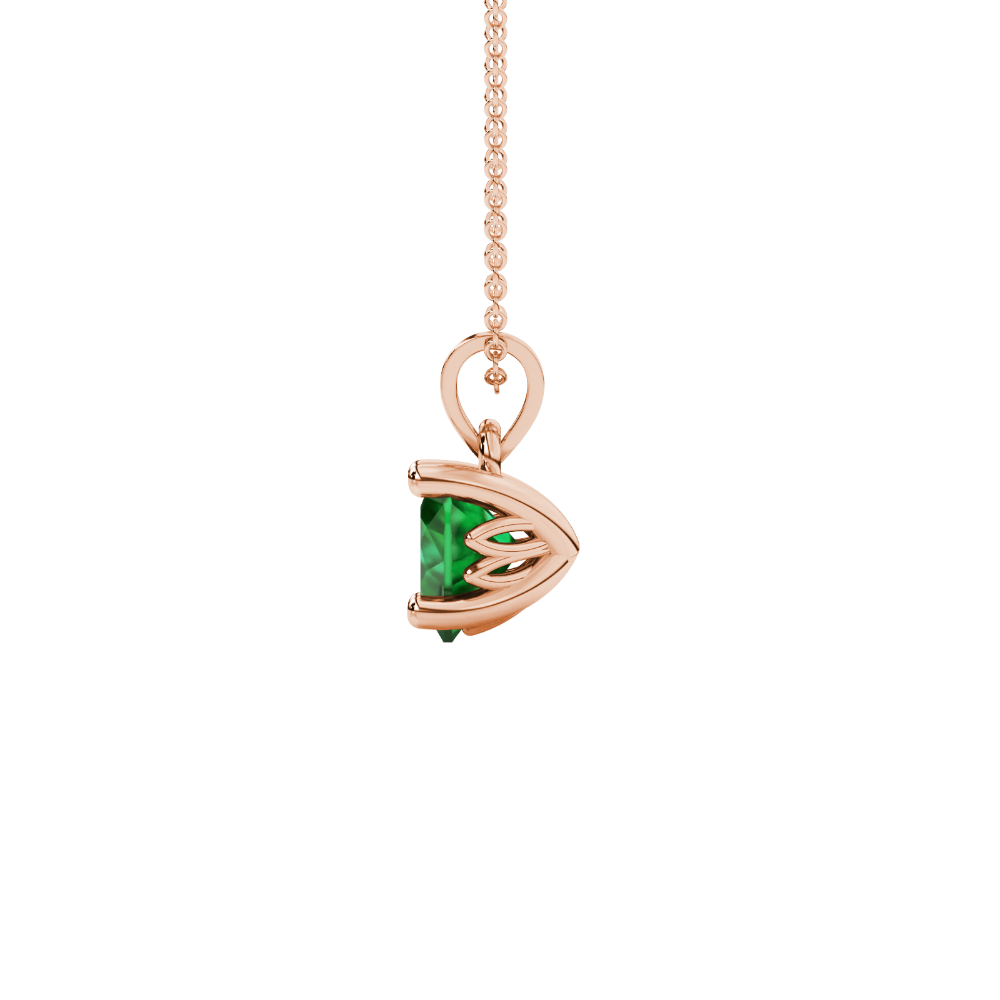 Side view of Emerald Green heart cut gemstone pendant showcasing the rose gold