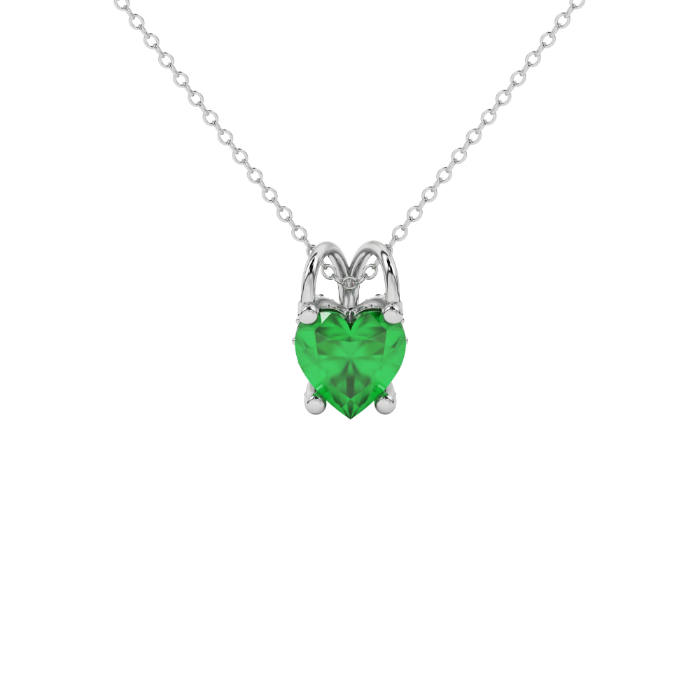 Close-up angled shot of Emerald Green heart cut pave basket halo pendant in white gold