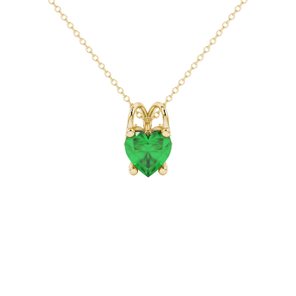 Close-up angled shot of Emerald Green heart cut pave basket halo pendant in yellow gold