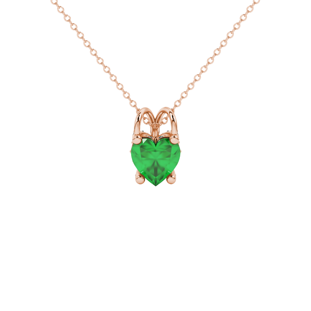 Close-up angled shot of Emerald Green heart cut pave basket halo pendant in rose gold