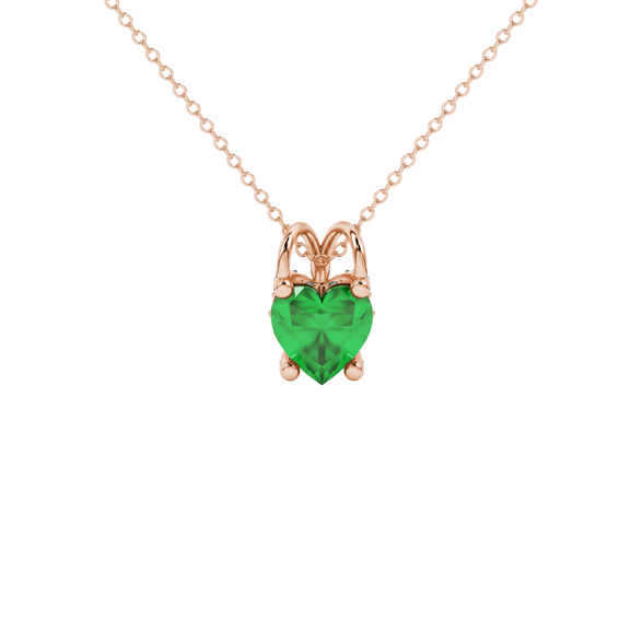 Close-up angled shot of Emerald Green heart cut pave basket halo pendant in rose gold