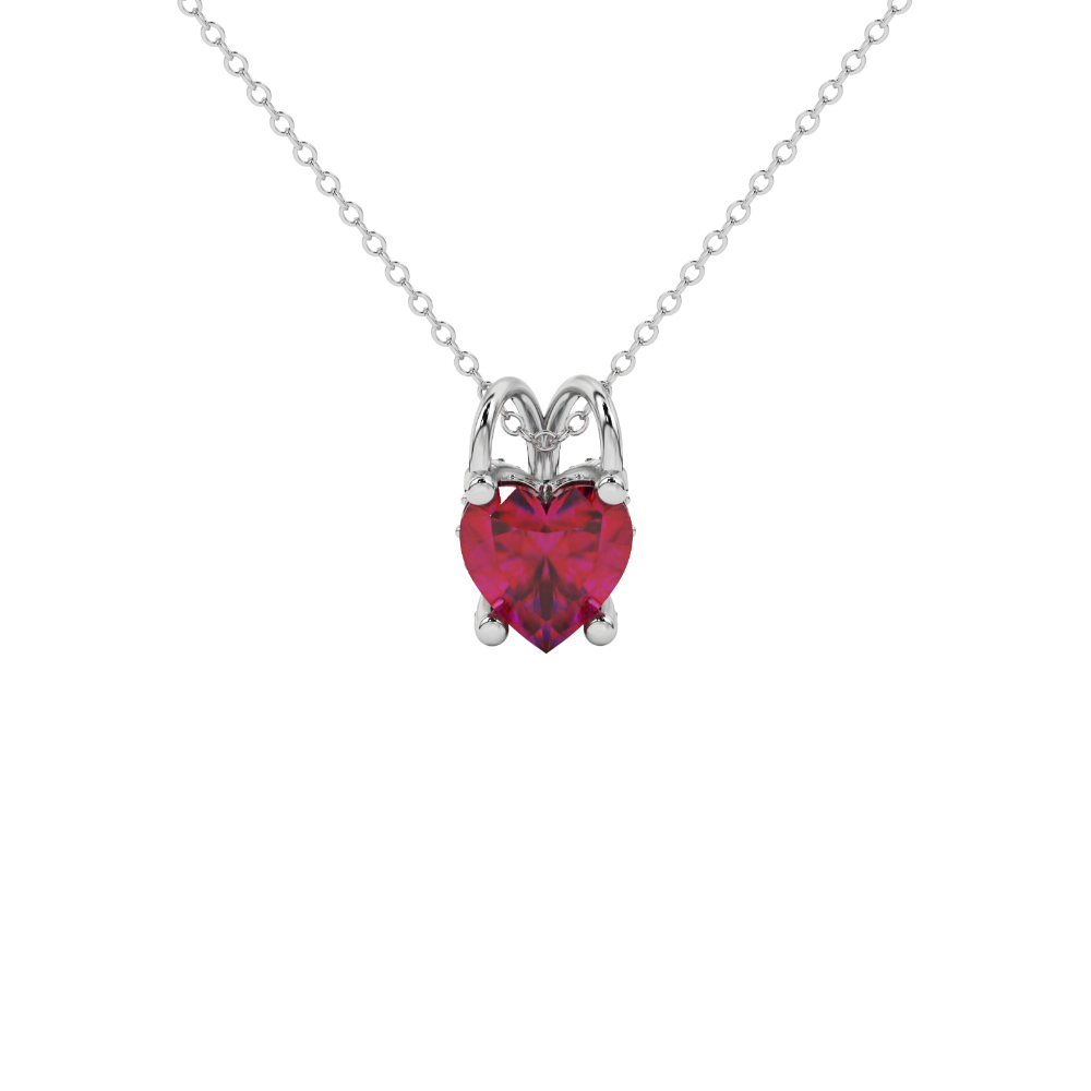 Close-up angled shot of Raspberry Red heart cut pave basket halo pendant in white gold