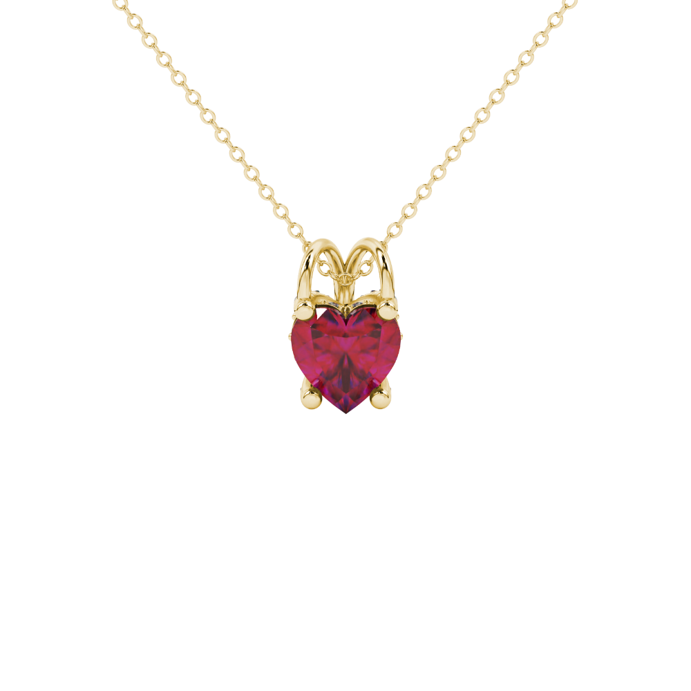 Close-up angled shot of Raspberry Red heart cut pave basket halo pendant in yellow gold