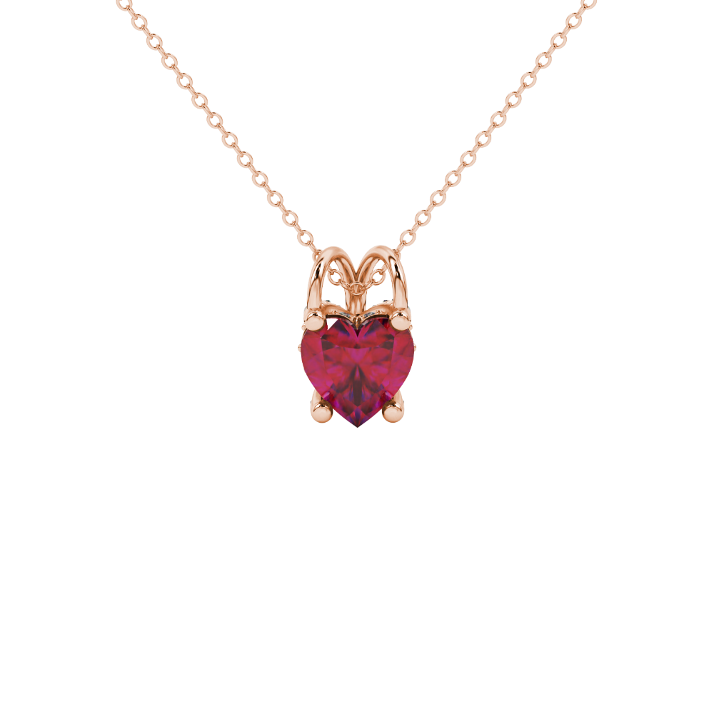 Close-up angled shot of Raspberry Red heart cut pave basket halo pendant in rose gold