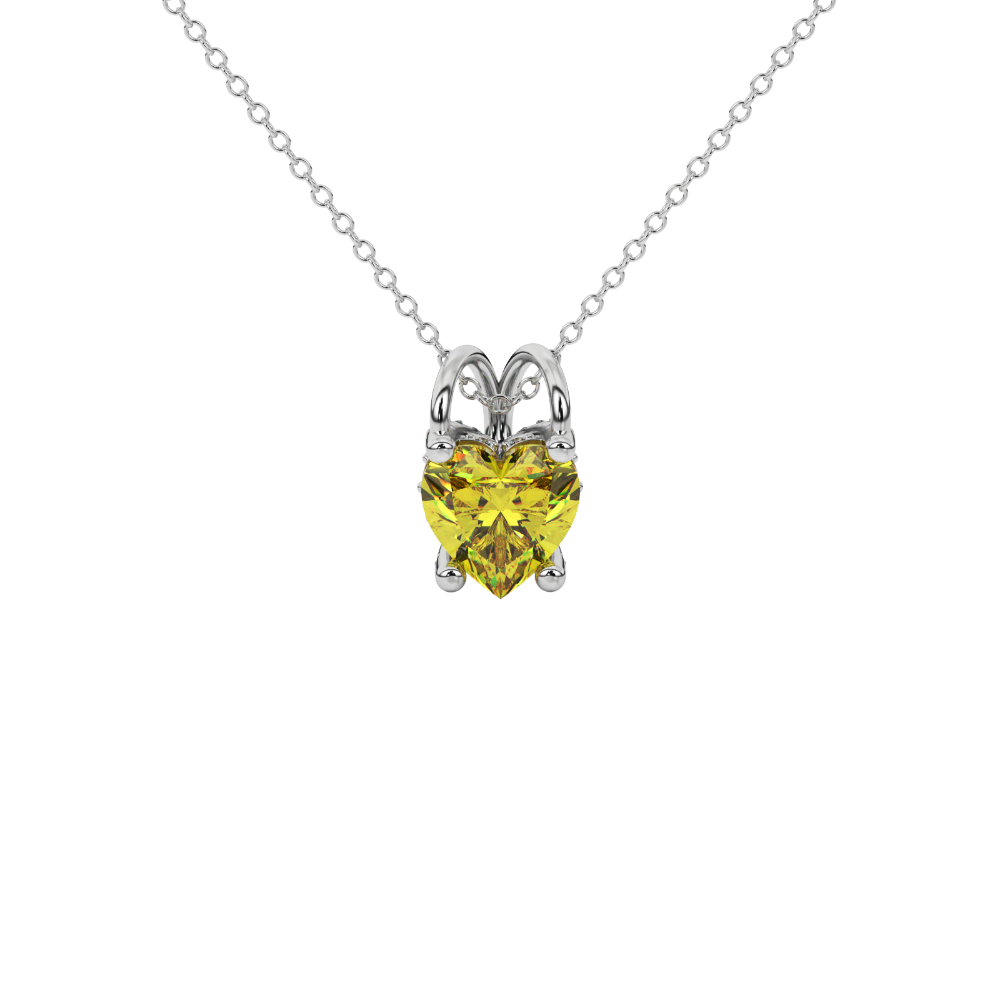 Close-up angled shot of Canary Yellow heart cut pave basket halo pendant in white gold