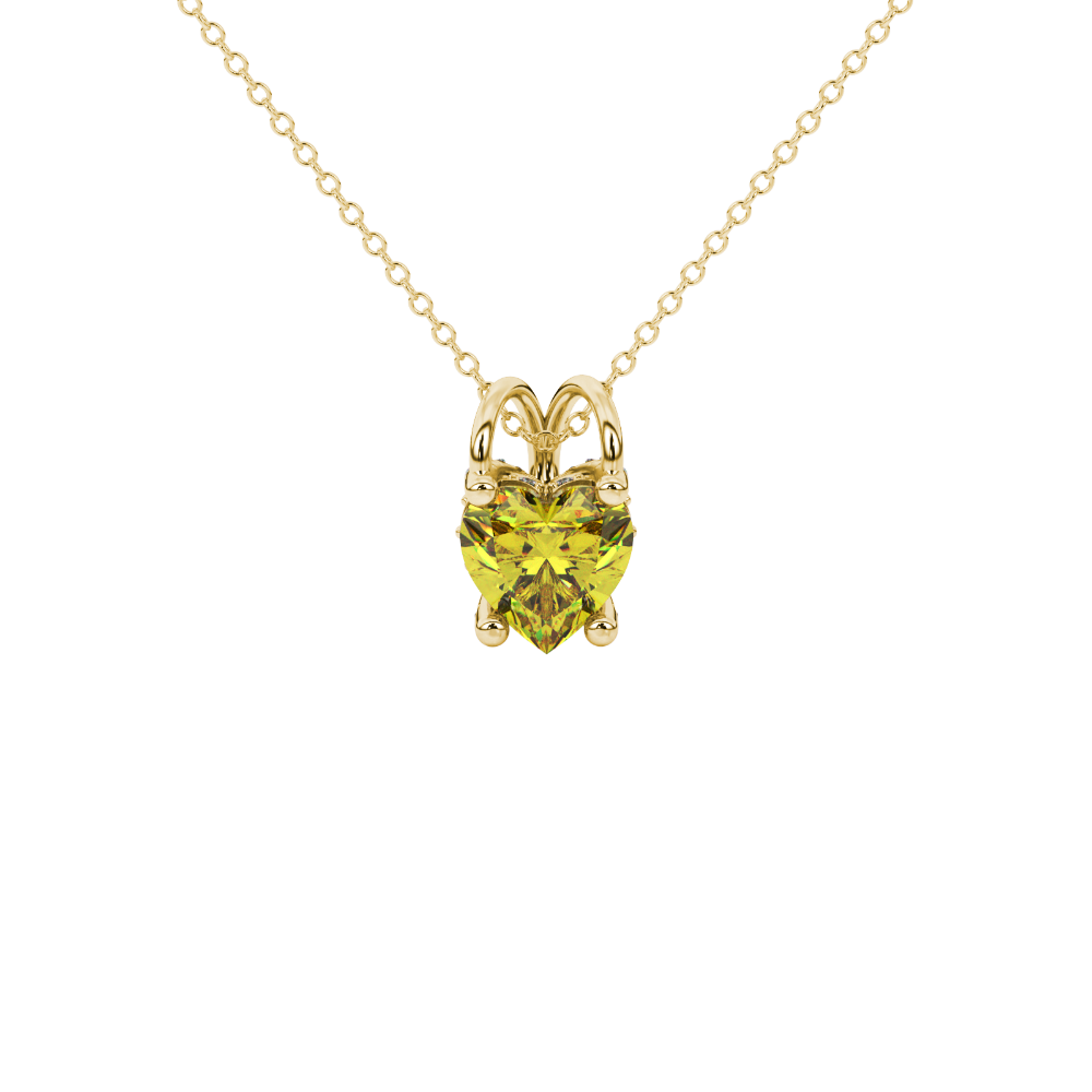 Close-up angled shot of Canary Yellow heart cut pave basket halo pendant in yellow gold