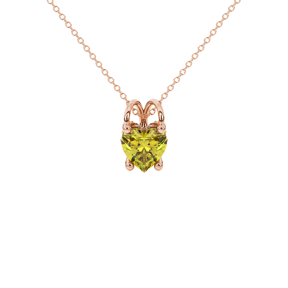 Close-up angled shot of Canary Yellow heart cut pave basket halo pendant in rose gold