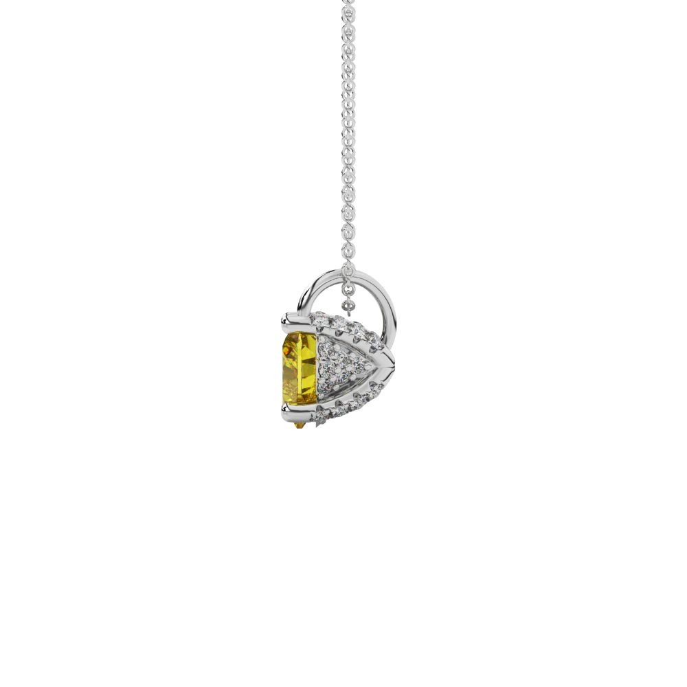 Side view of Canary Yellow heart cut gemstone pendant showcasing the white gold
