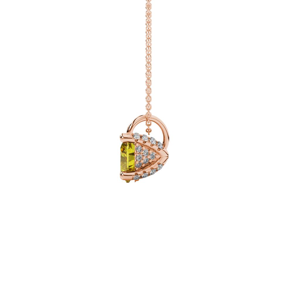 Side view of Canary Yellow heart cut gemstone pendant showcasing the rose gold