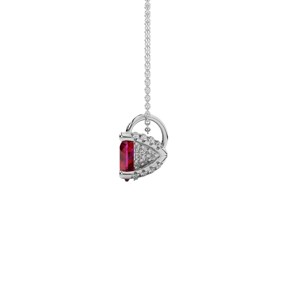 Side view of Raspberry Red heart cut gemstone pendant showcasing the white gold
