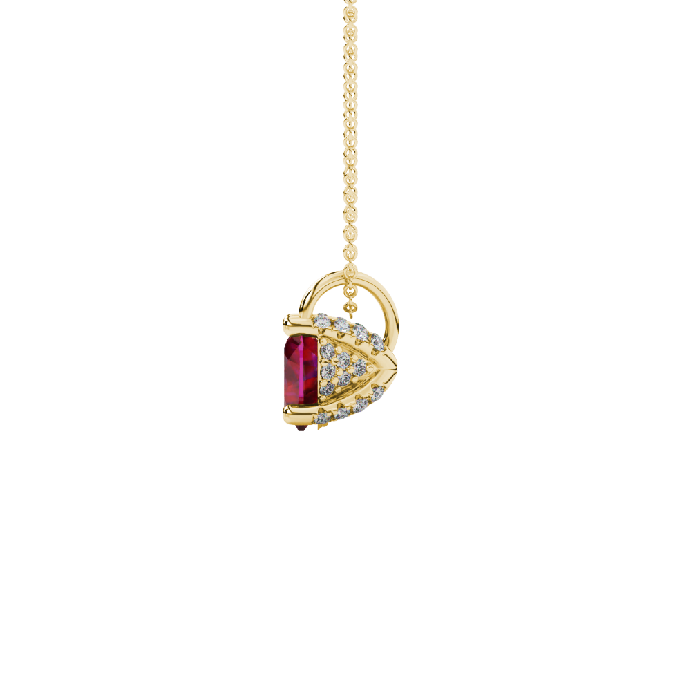 Side view of Raspberry Red heart cut gemstone pendant showcasing the yellow gold