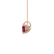 Side view of Raspberry Red heart cut gemstone pendant showcasing the rose gold