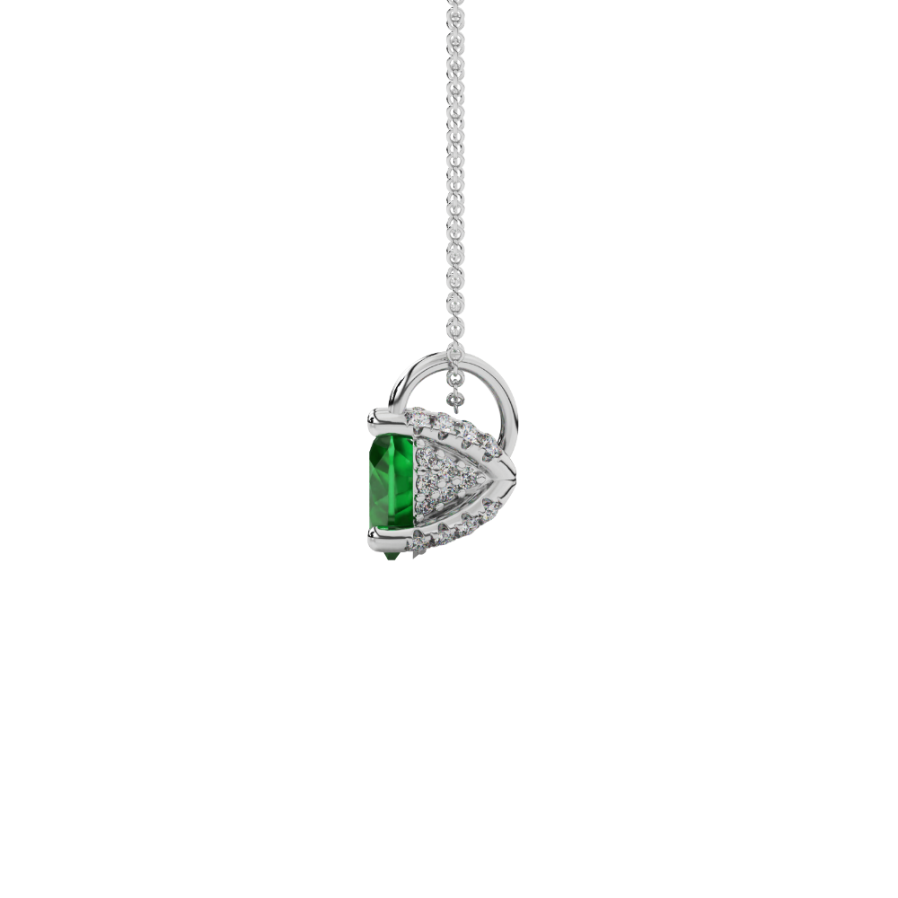 Side view of Emerald Green heart cut gemstone pendant showcasing the white gold