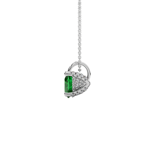 Side view of Emerald Green heart cut gemstone pendant showcasing the white gold