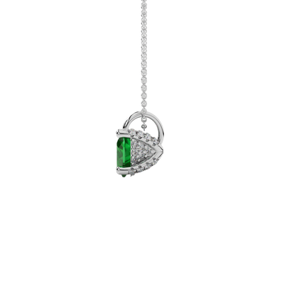 Side view of Emerald Green heart cut gemstone pendant showcasing the white gold