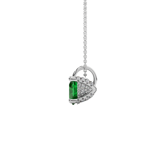 Side view of Emerald Green heart cut gemstone pendant showcasing the white gold