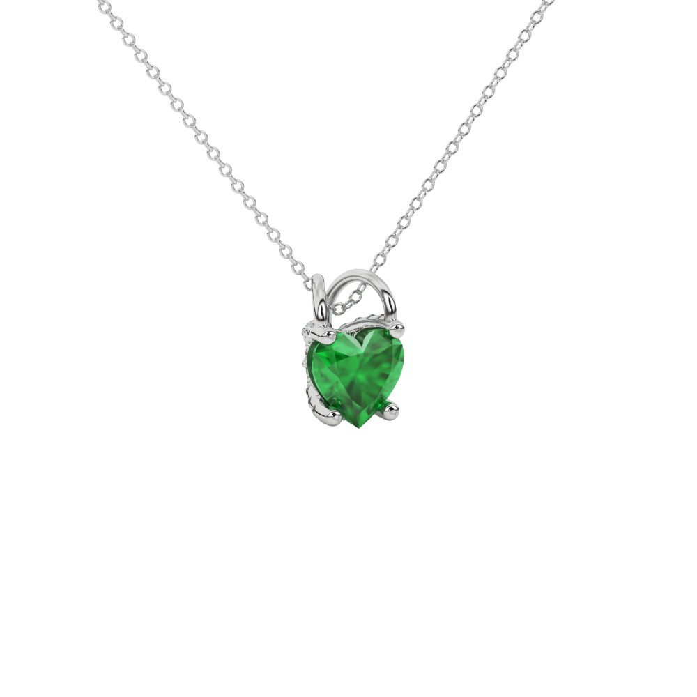 Emerald Green heart cut gemstone pave basket halo pendant in white gold