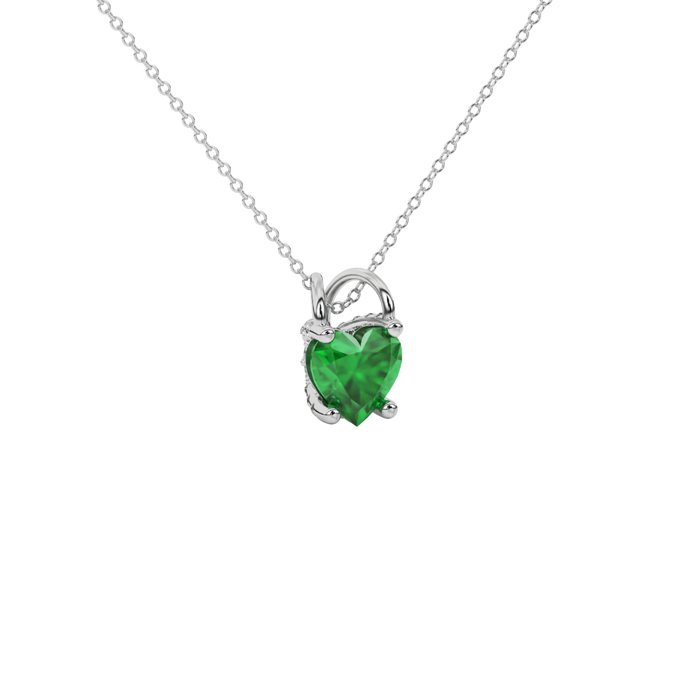 Emerald Green heart cut gemstone pave basket halo pendant in white gold