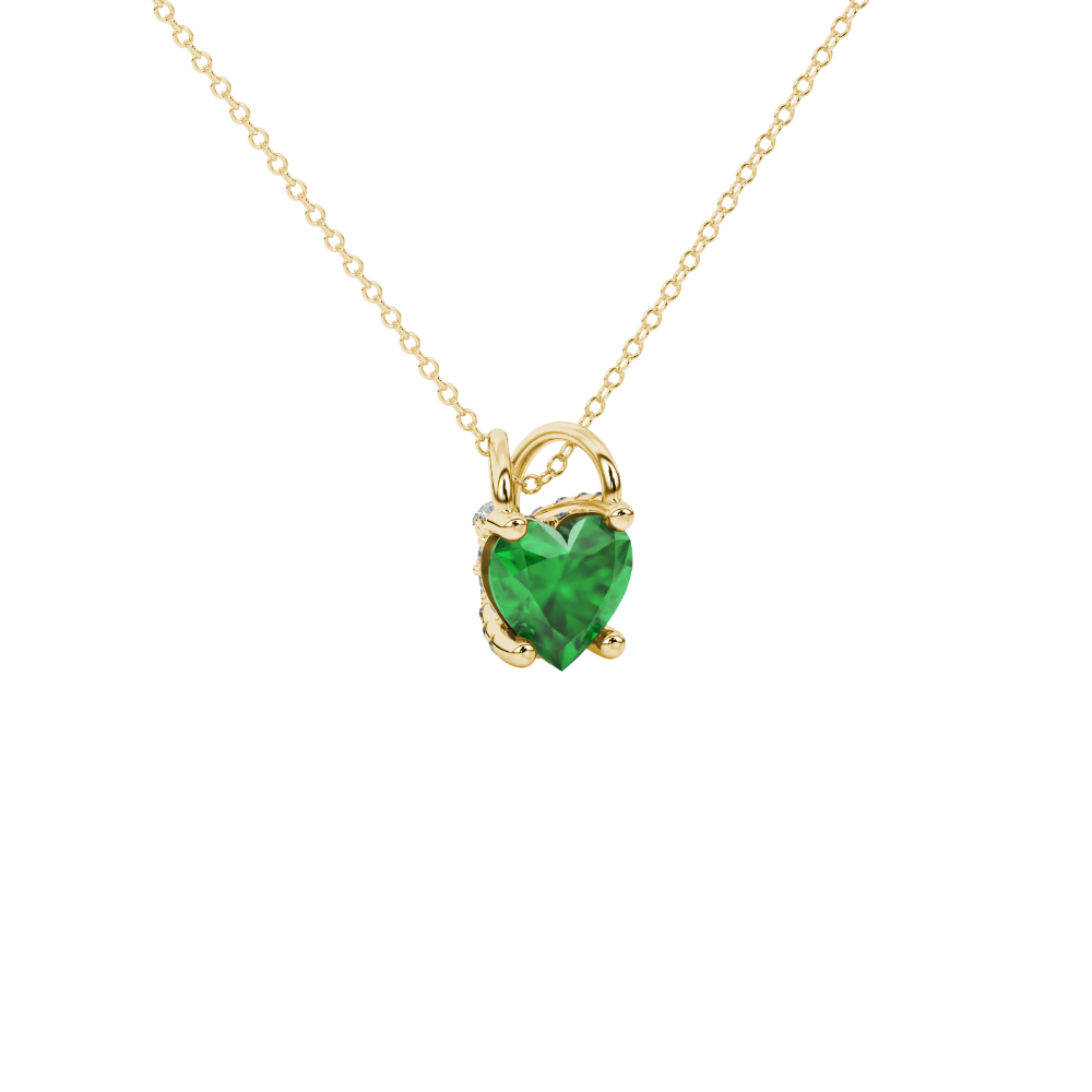 Emerald Green heart cut gemstone pave basket halo pendant in yellow gold