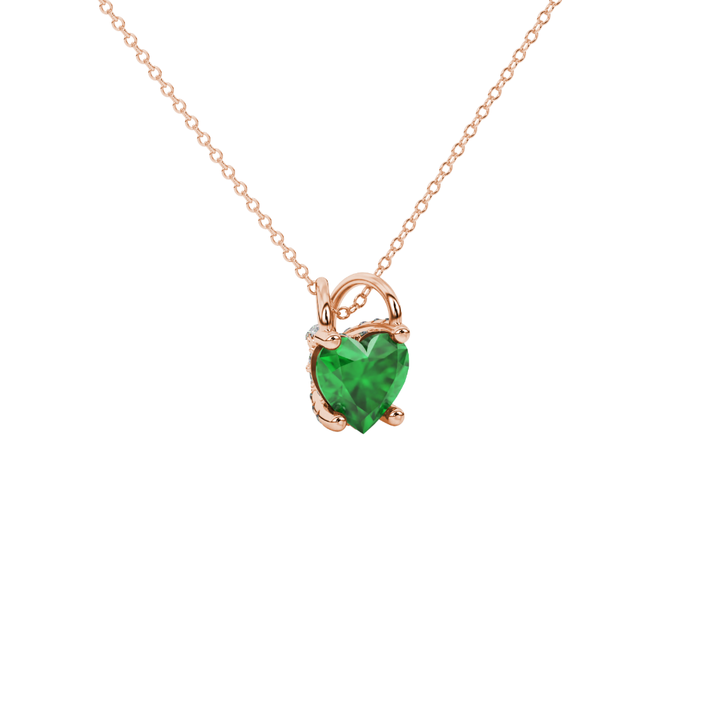 Emerald Green heart cut gemstone pave basket halo pendant in rose gold