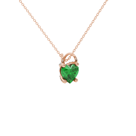 Emerald Green heart cut gemstone pave basket halo pendant in rose gold
