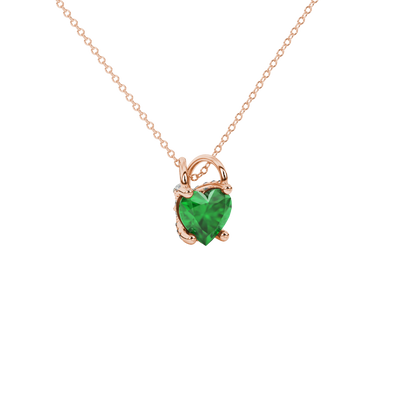 Emerald Green heart cut gemstone pave basket halo pendant in rose gold