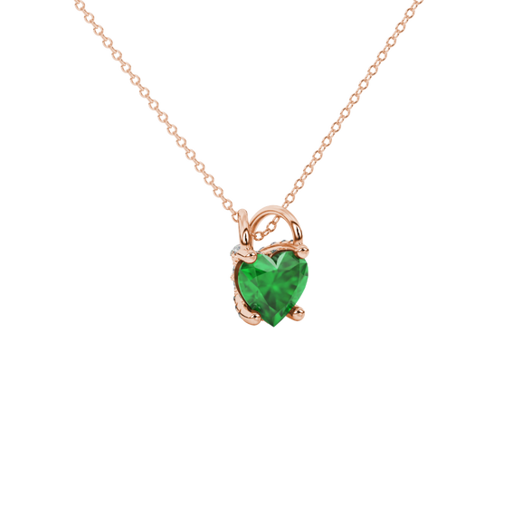 Emerald Green heart cut gemstone pave basket halo pendant in rose gold