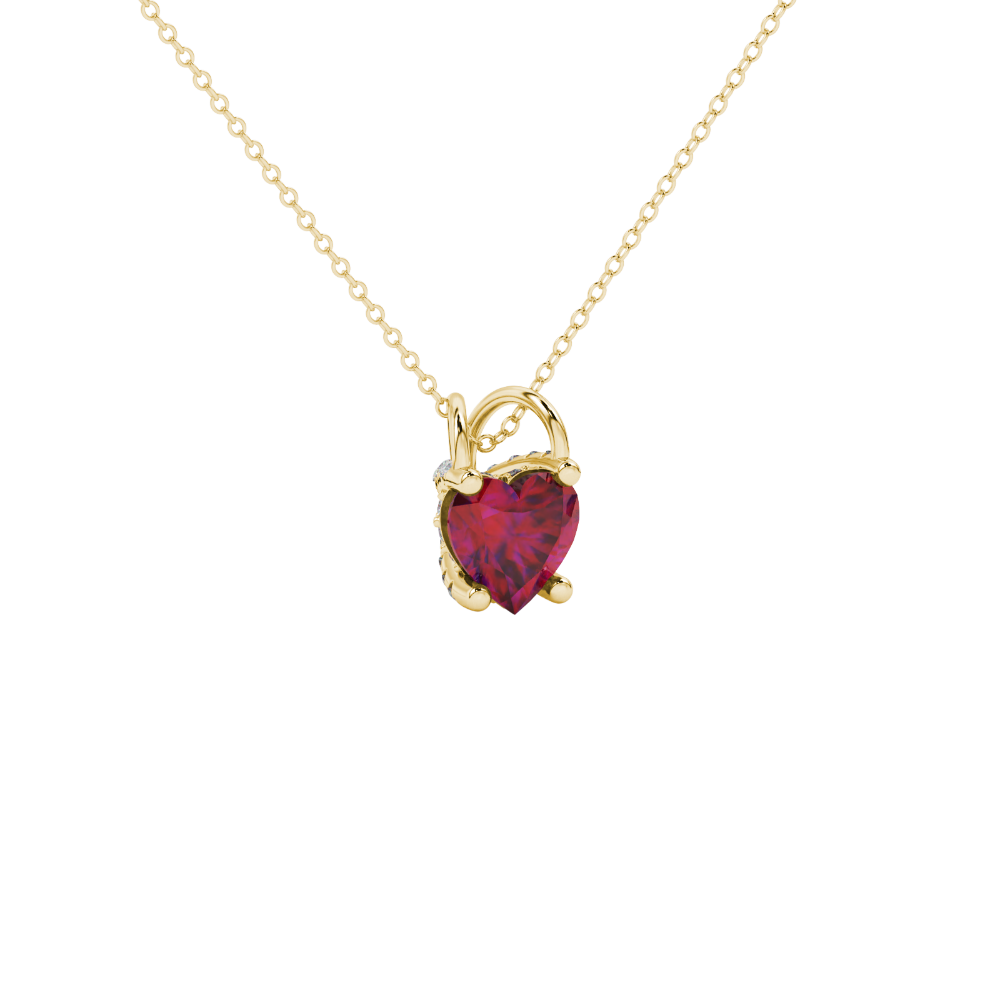 Raspberry Red heart cut gemstone pave basket halo pendant in yellow gold