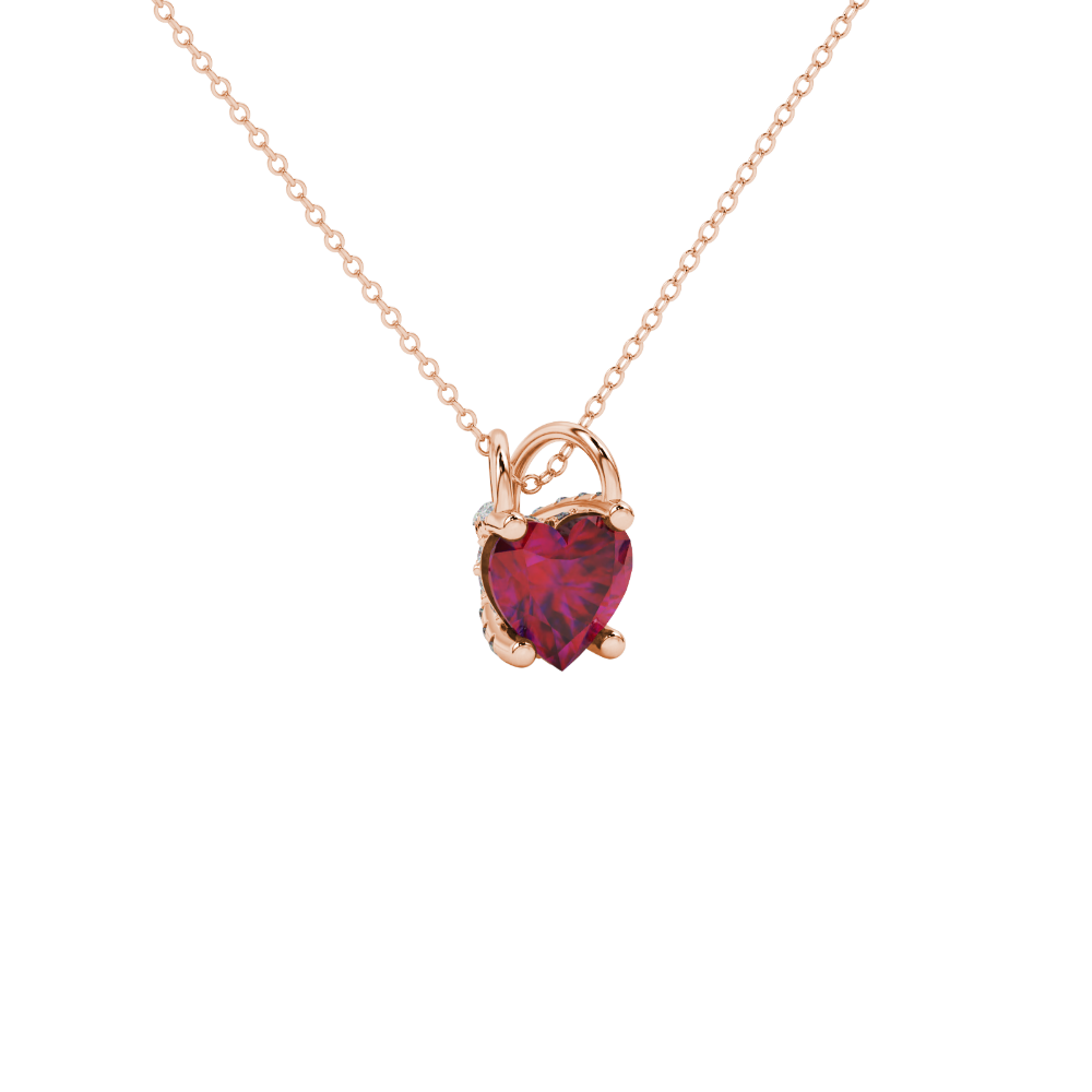 Raspberry Red heart cut gemstone pave basket halo pendant in rose gold